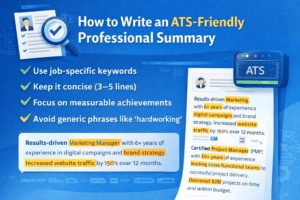 Recruiter reviewing resume professional summary example with highlighted achievements